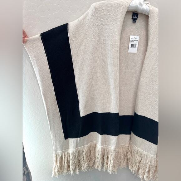 TOMMY BAHAMA | Stripe Fringed Wrap Shawl Tan Black Boho Cotton Cape | One Size - Picture 3 of 8